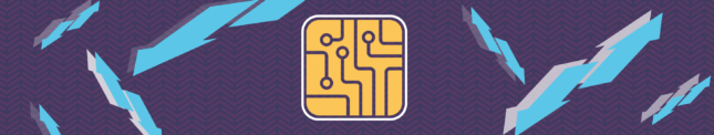 illustration of a yellow computer chip and light blue arrows on a purple background