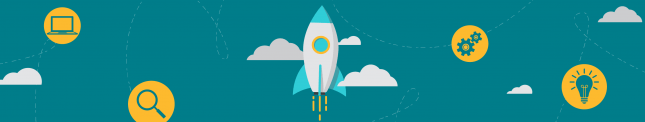 rocket ship graphic with clouds and teal background