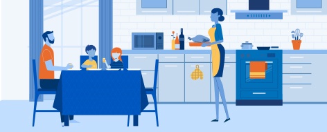 an artistic drawing of a woman in an apron bringing dinner to the table for her teenage daughter