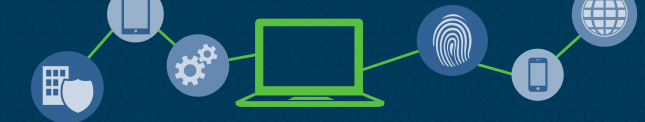 illustration of a green laptop surrounded by iconography on a dark blue background