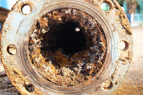 Closeup of waste in old water pipes Clogged debris and corroded