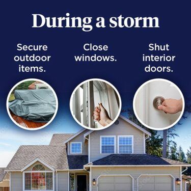 During a storm, secure outdoor items, close windows and shut interior doors.