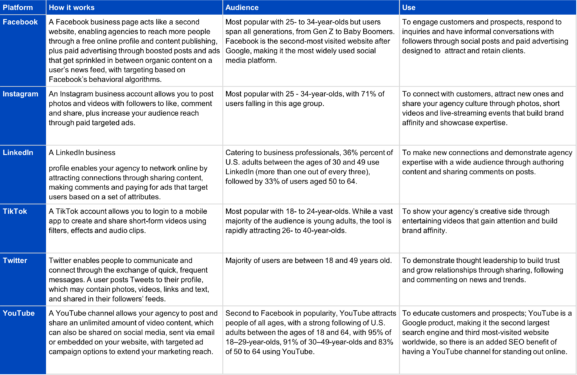 Table detailing different social media platforms.